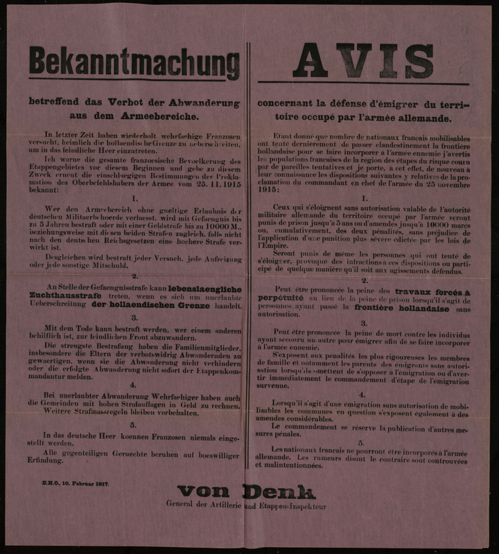 Avis concernant la défense d'émigrer du territoire occupé par l'armée allemande
