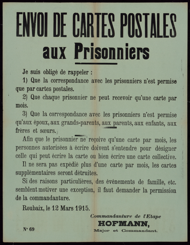 Envoi de cartes postales aux prisonniers
