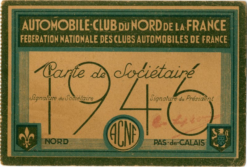 Carte de sociétaire de l'Automobile-Club du Nord