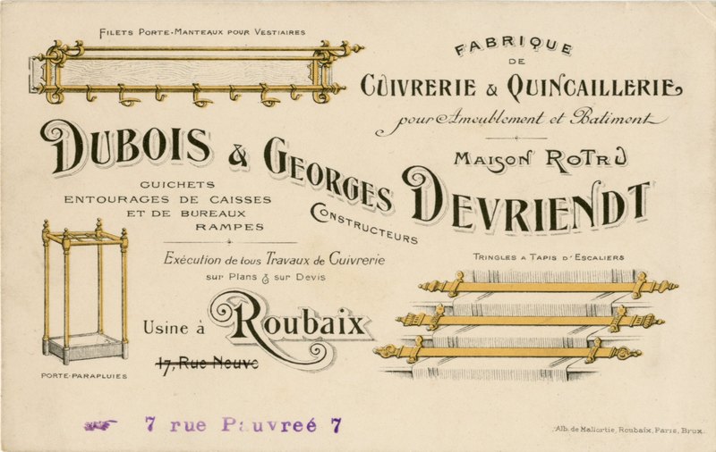 Une carte d'un fabricant de cuivrerie et quincaillerie Dubois & Georges Devriendt