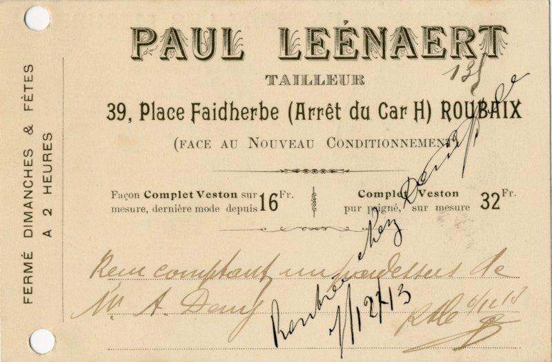 Une carte pour le tailleur Paul Léenaert