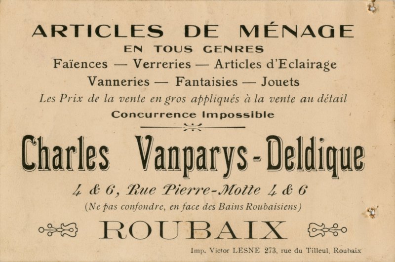 Une carte pour le magasin d'articles de ménage Charles Vanparys-Deldique