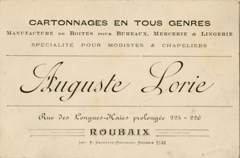 Une carte de la manufacture de cartonnages Auguste Lorie