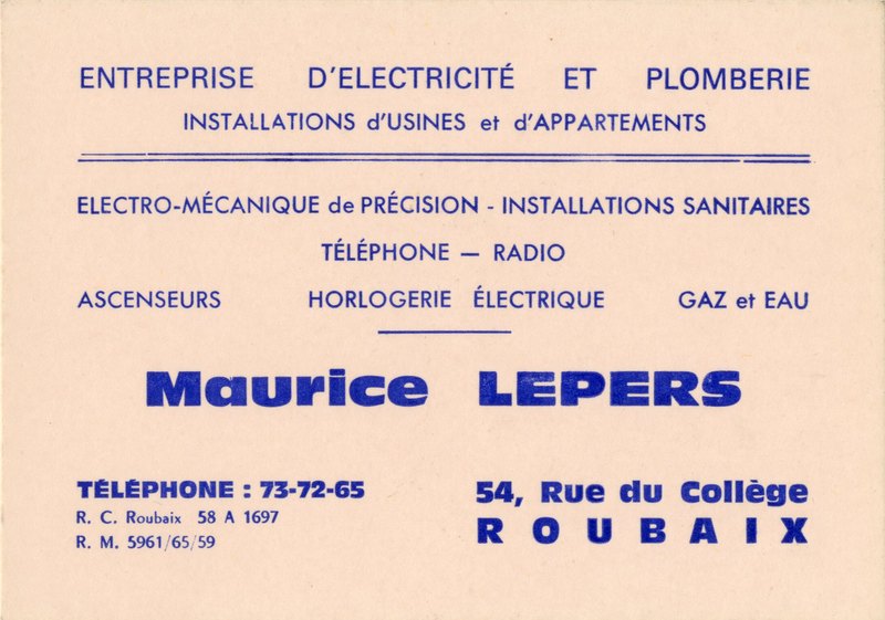 une carte de l'entreprise d'électricité et de plomberie Maurice Lepers