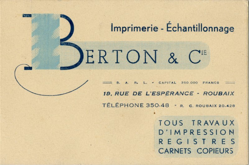 Une carte de l'imprimerie Berton et Cie