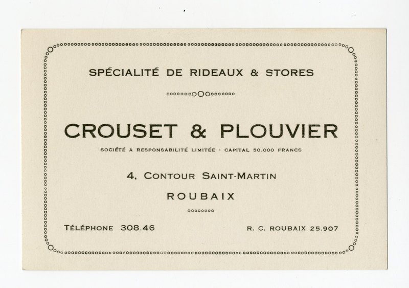 Une carte du magasin de rideaux Crouset et Plouvier