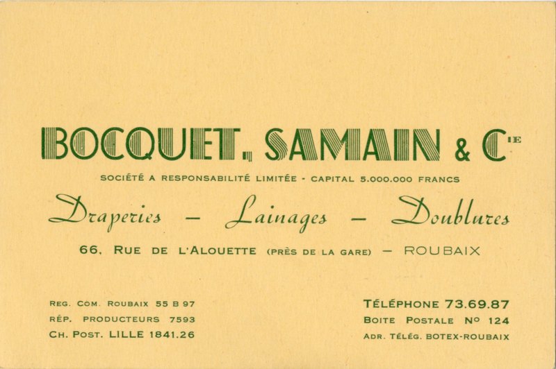 Une carte pour le magasin de linge de maison Bocquet-Samain et Cie