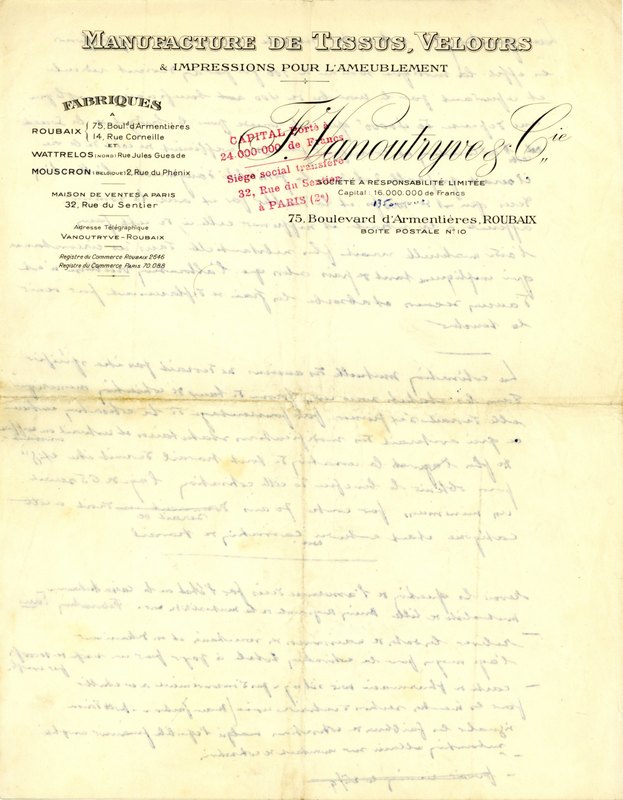 Une lettre de la manufacture F. Vanoutryve