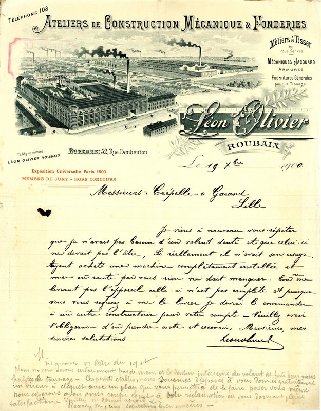 Une lettre des atelier de construction Léon Olivier