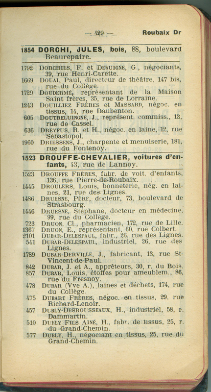 Maisons Drouffe-Chevalier et Drouffe-Frères, voitures d'enfants - coordonnées dans un annuaire