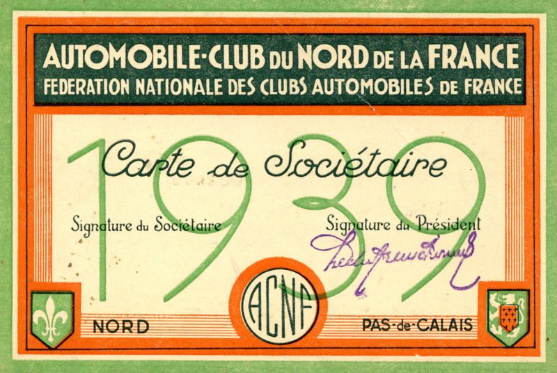 Une carte de sociétaire de l'Automobile -Club du Nord