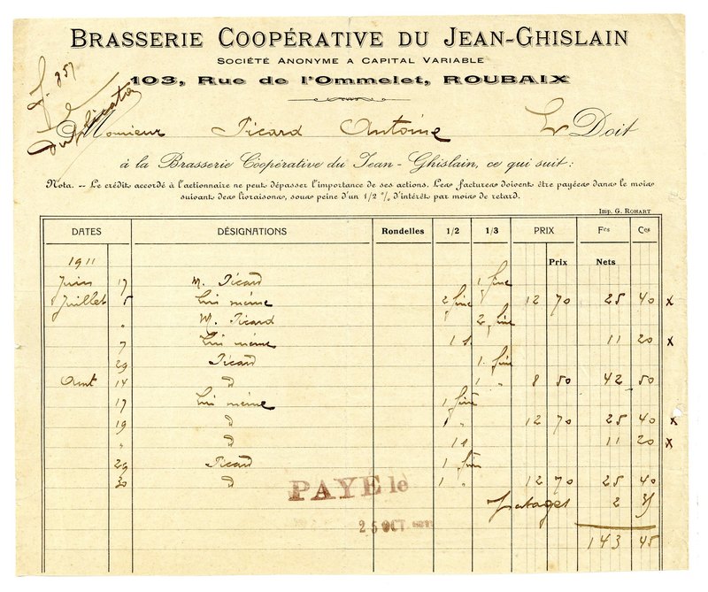 Une facture de la Brasserie du Jean-Ghislain
