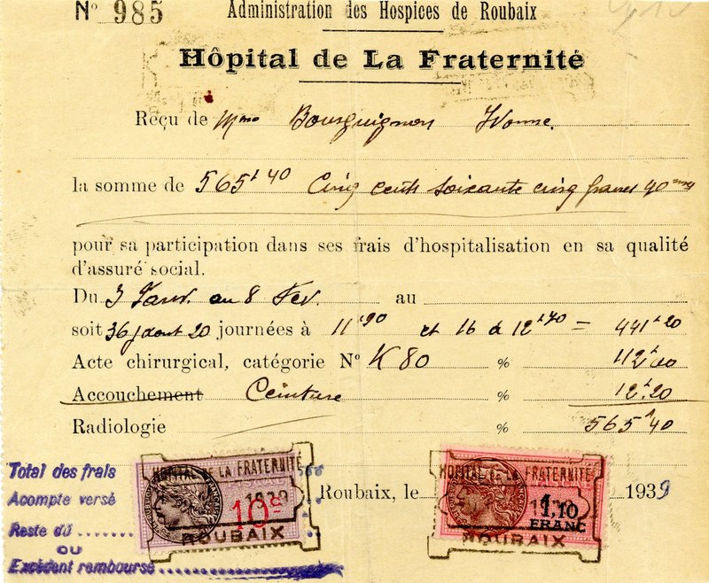 Une fiche de frais d'hospitalisation de l'hôpital de la Fraternité