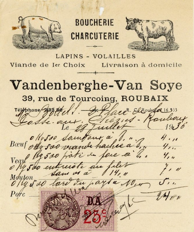 Une facture de la boucherie Vandenberghe-Van Soye
