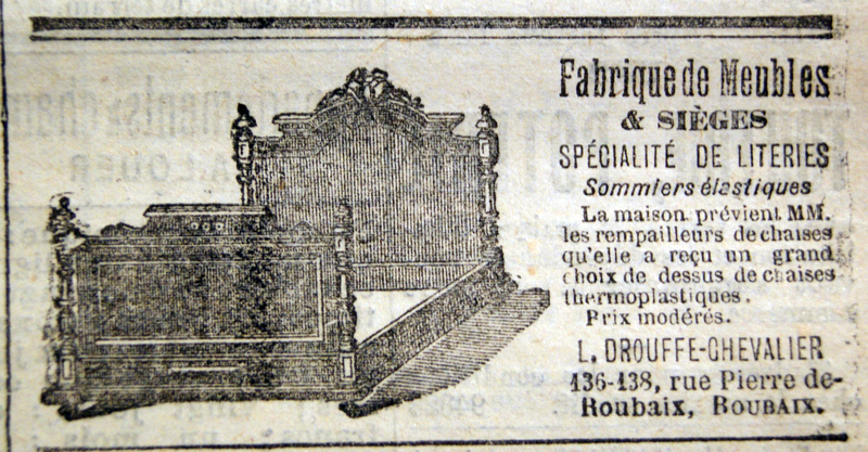 Maison Drouffe-Chevalier, meubles, sièges, literies - publicité parue dans le Journal de Roubaix
