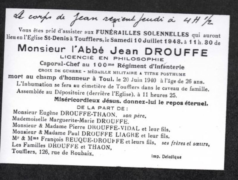 Famille Drouffe - funérailles solennelles de l'abbé Jean Drouffe - faire-part