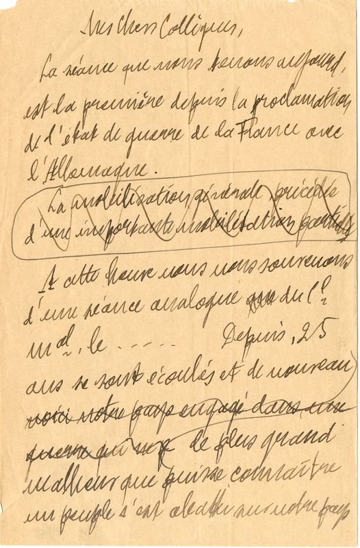Brouillon manuscrit du premier discours prononcé par Jean Lebas lors du premier conseil municipal après la proclamation de l'état de guerre en 1939