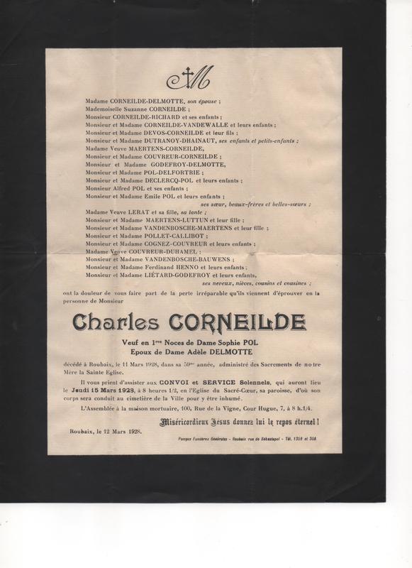Faire-part de décès de Charles Corneilde