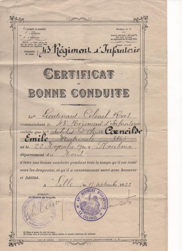 Certificat de bonne conduite de Emile Corneilde