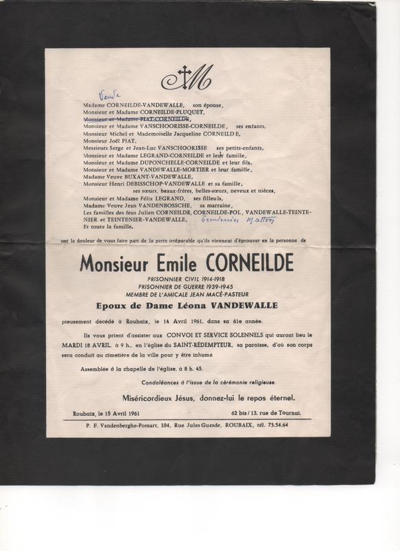 Faire-part de décès de Émile Corneilde en 1961