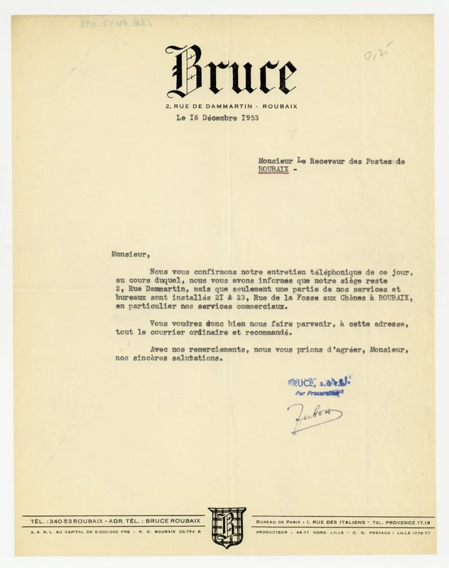 Une lettre de la société Bruce