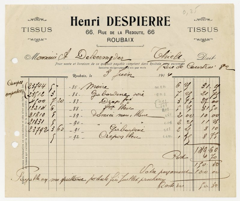 Une facture des tissus Henri Despierre