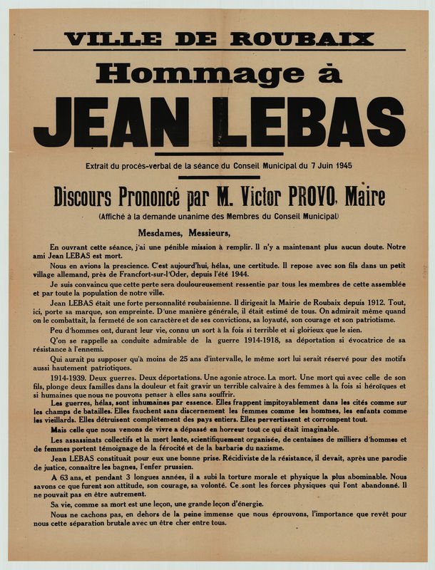 Hommage à Jean Lebas, discours de Victor Provo