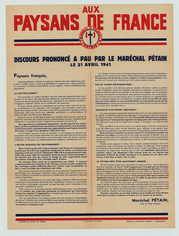 Aux paysans de France, discours du Maréchal Pétain à Pau