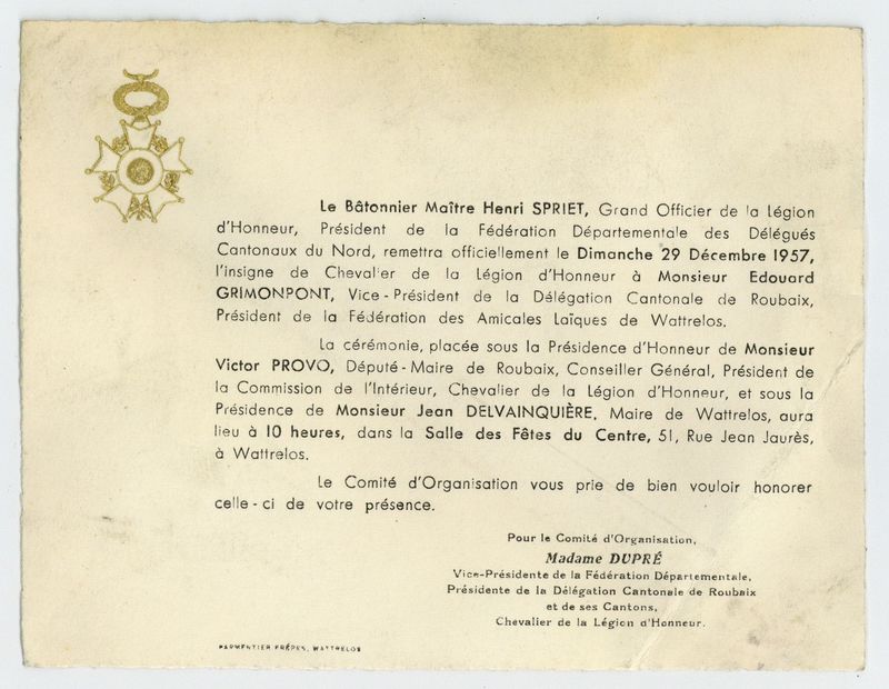 Remise de l'insigne de Chavalier de la Légion d'Honneur à Edouard Grimonpont