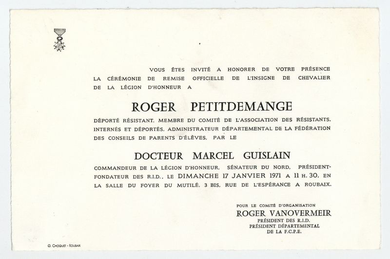 Remise de l'insigne de Chavalier de la Légion d'Honneur à Roger Petitdemange