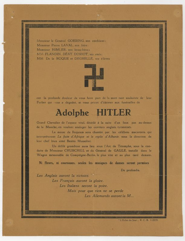 Faire-part satirique de la mort d'Adolph Hitler