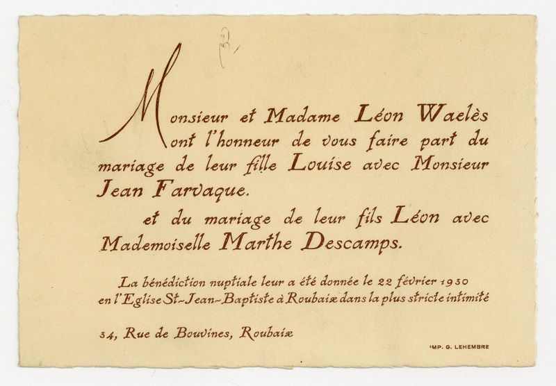 Mariage de Louise Waelès avec Jean Farvaque, et de Léon Waelès avec Marthe Descamps