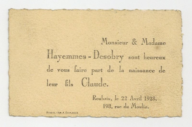 Naissance de Claude Hayemmes-Desobry