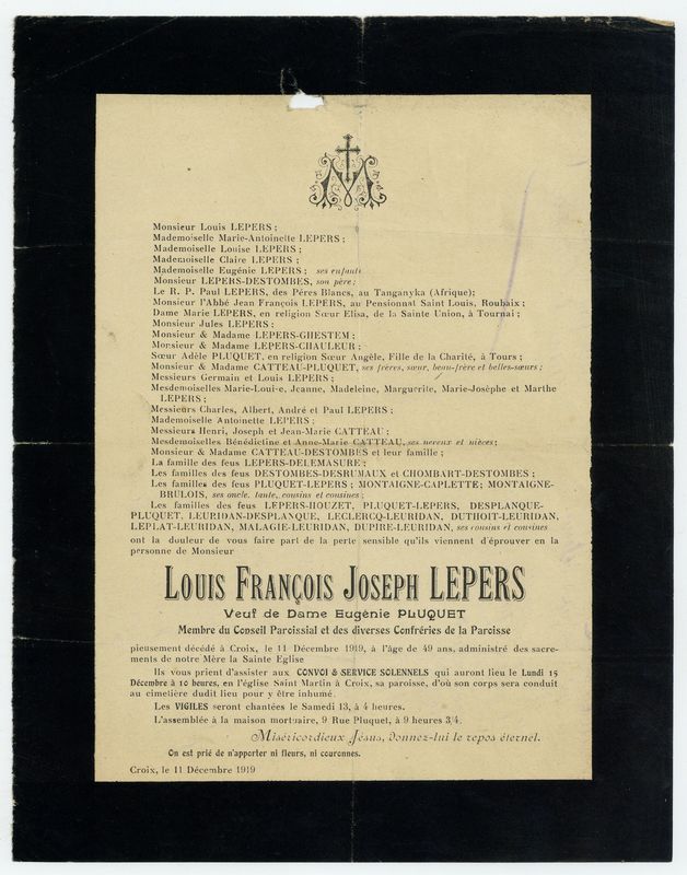 Décès de Louis François Joseph Lepers