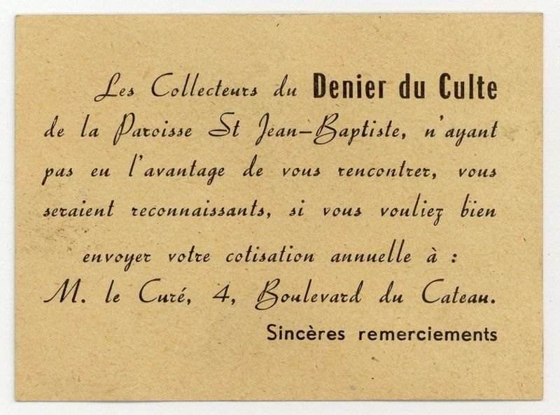 Demande de cotisation des collecteurs du Denier du Culte de la Paroisse St Jean-Baptiste
