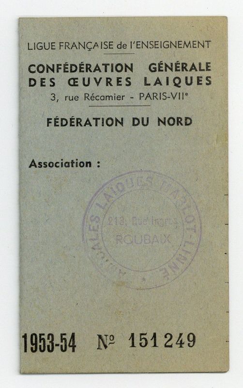 Carte de membre de la Confédération Générale des Oeuvres Laiques