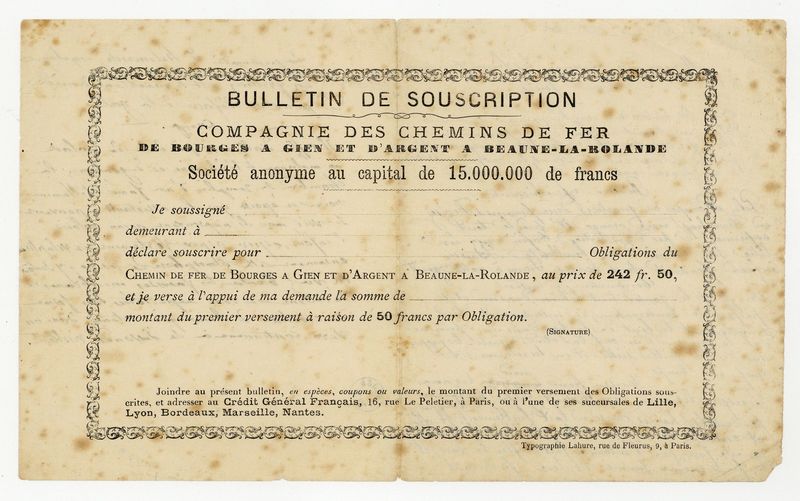 Bulletin de souscription, Compagnie des chemins de fer de Bourges à Gien et d'Argent à Beaune-la-Rolande