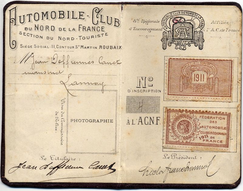 Carte d'un membre de l' Automobile Club du Nord de la France section du Nord-Touriste