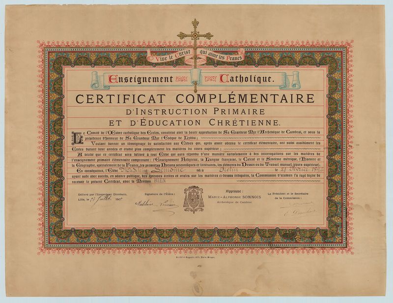 Certificat complémentaire d'instruction primaire et d'éducation catholique
