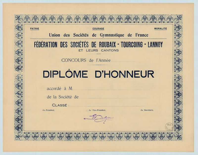 Diplôme d'honneur de l'Union des Sociétés de Gymnastique de France