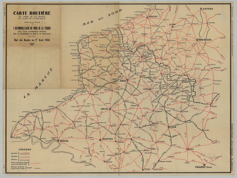 Carte routière du Nord de la France et Ouest de la Belgique