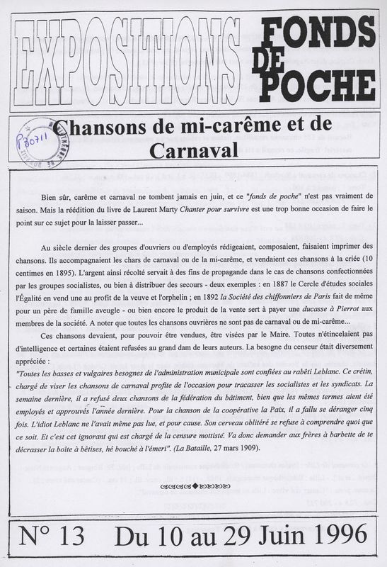 n°13 - Chansons de mi-carême et de Carnaval