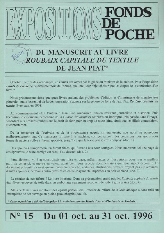 n°15 - Du manuscrit au livre Roubaix capitale du textile de Jean Piat