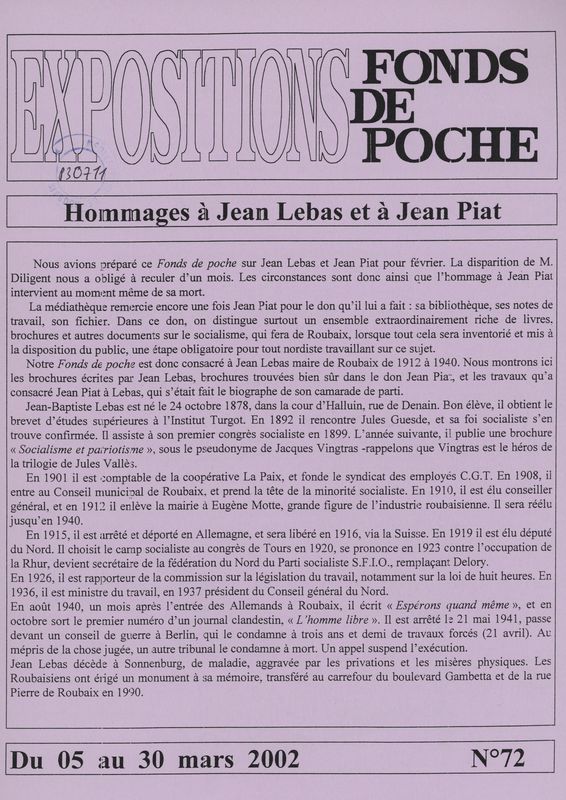 n°72 - Hommages à Jean Lebas et à Jean Piat