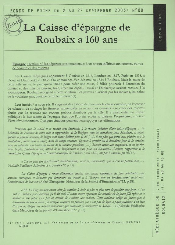 n°88 - La Caisse d'épargne de Roubaix a 160 ans