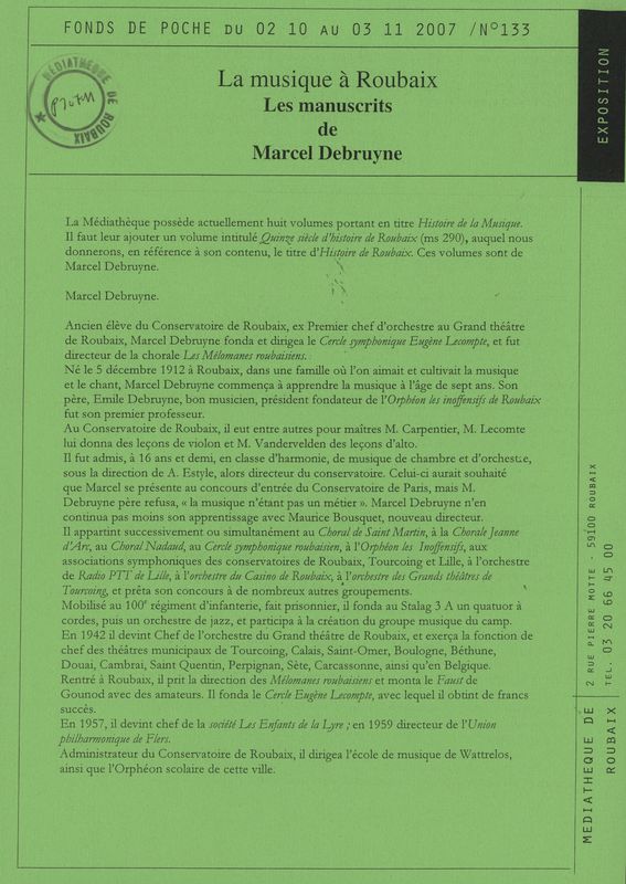 n°133 - La musique à Roubaix : les manuscrits de Marcel Debruyne