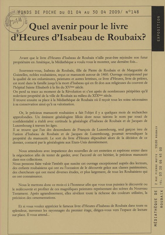 n°148 - Quel avenir pour le livre d'heures d'Isabeau de Roubaix ?