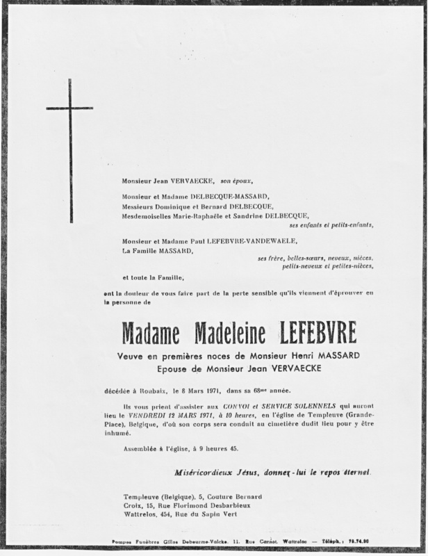 Faire-part de décès de Madeleine Lefebvre, veuve de Henri Massard, épouse de Jean Vervaecke