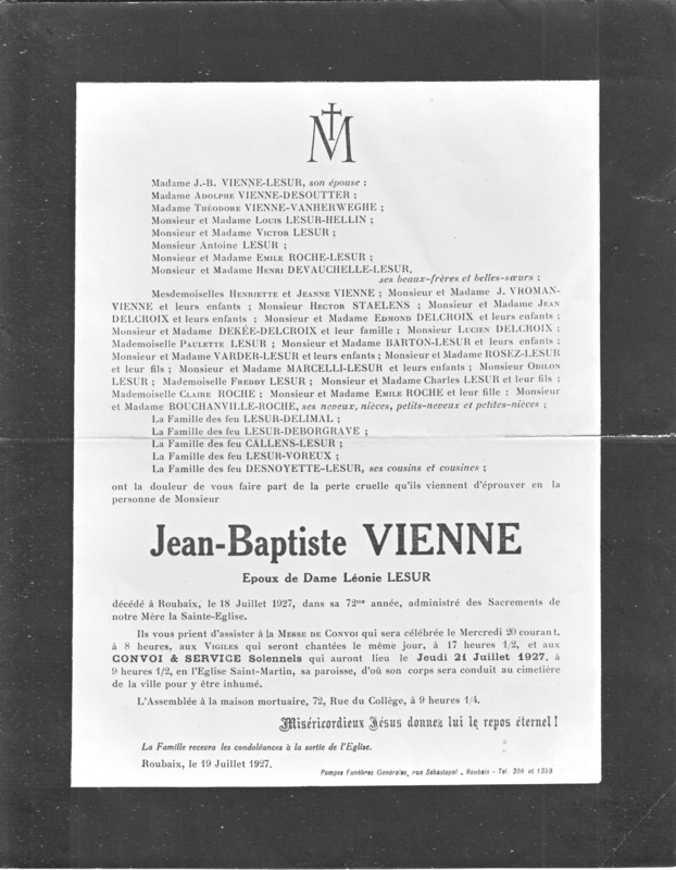 Faire-part de décès de Jean-Baptiste Vienne, époux de Léonie Lesur