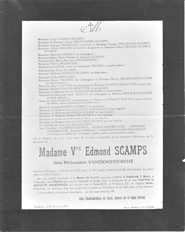Faire-part de décès de Philomène Vandendriesche, veuve d'Edmond Scamps